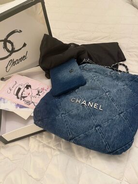 CHANEL Quilted Denim Tote in Blue with Silver Hardware
